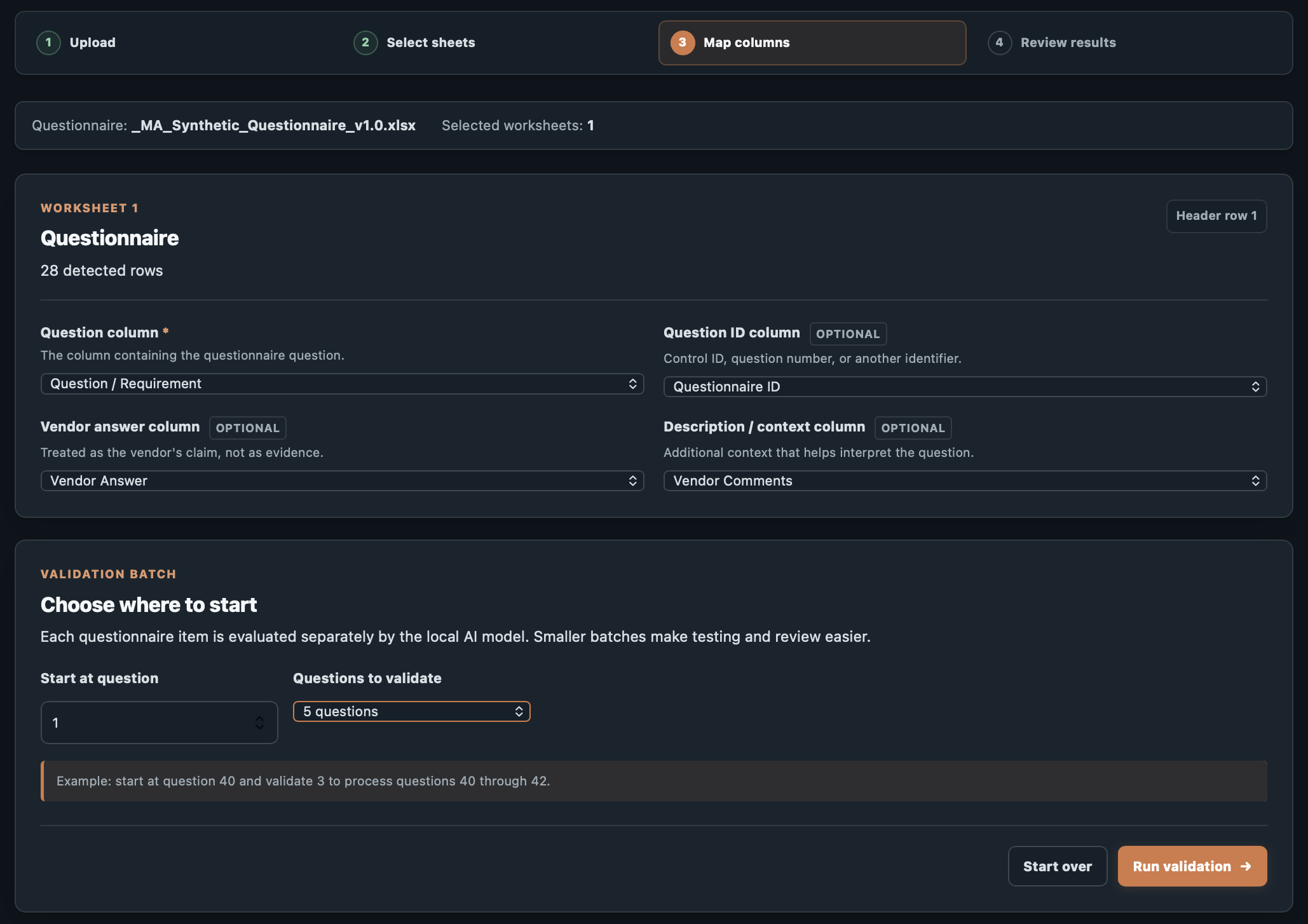 Vendor Evidence Validator screen for mapping questionnaire columns before validation.