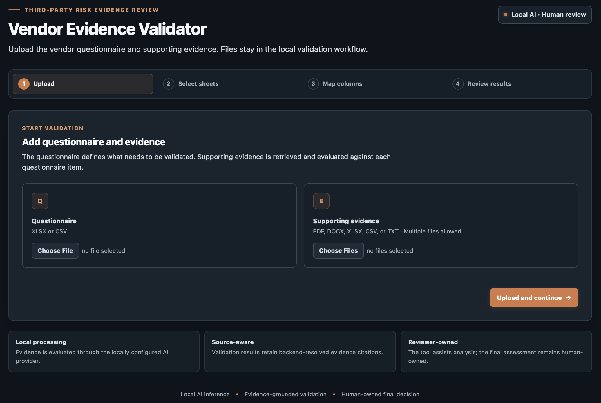 Vendor Evidence Validator upload screen showing the questionnaire and supporting evidence workflow.