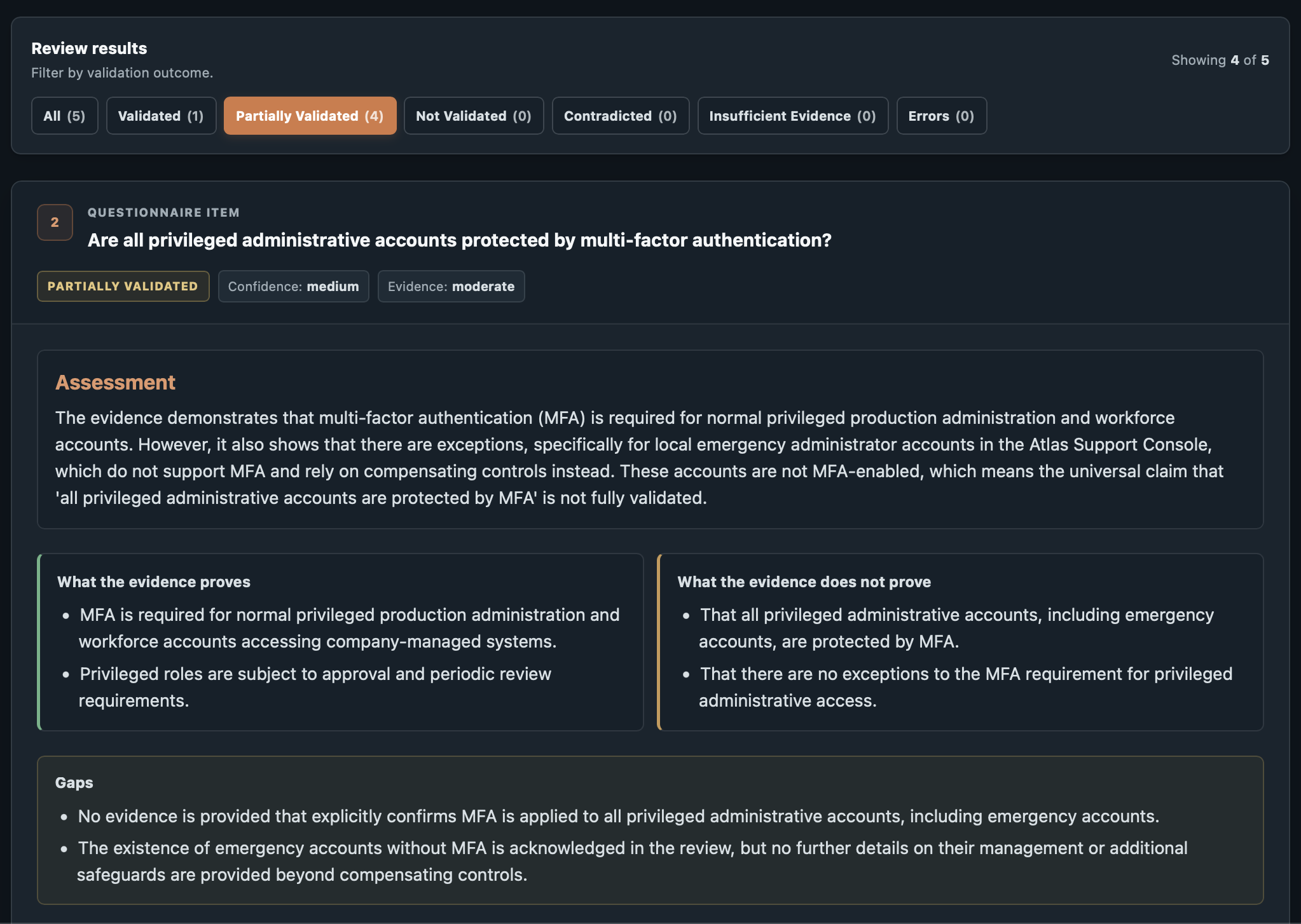 Vendor Evidence Validator showing a partially validated MFA requirement with supported evidence, unsupported portions, and gaps.